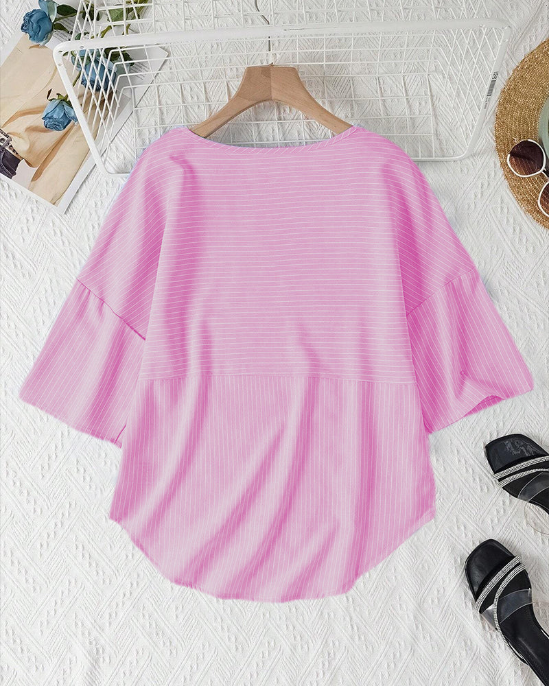 Bellachicha - Lässige, gestreifte Bluse mit lockerer Passform und Knopfleiste für Damen | Gestreifte Bluse mit Rundhalsausschnitt und halblangen Ärmeln