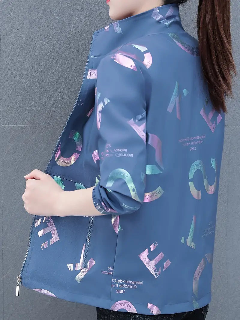 Yuvin | Veste coupe-vent décontractée à manches longues et fermeture éclair avec imprimé lettre