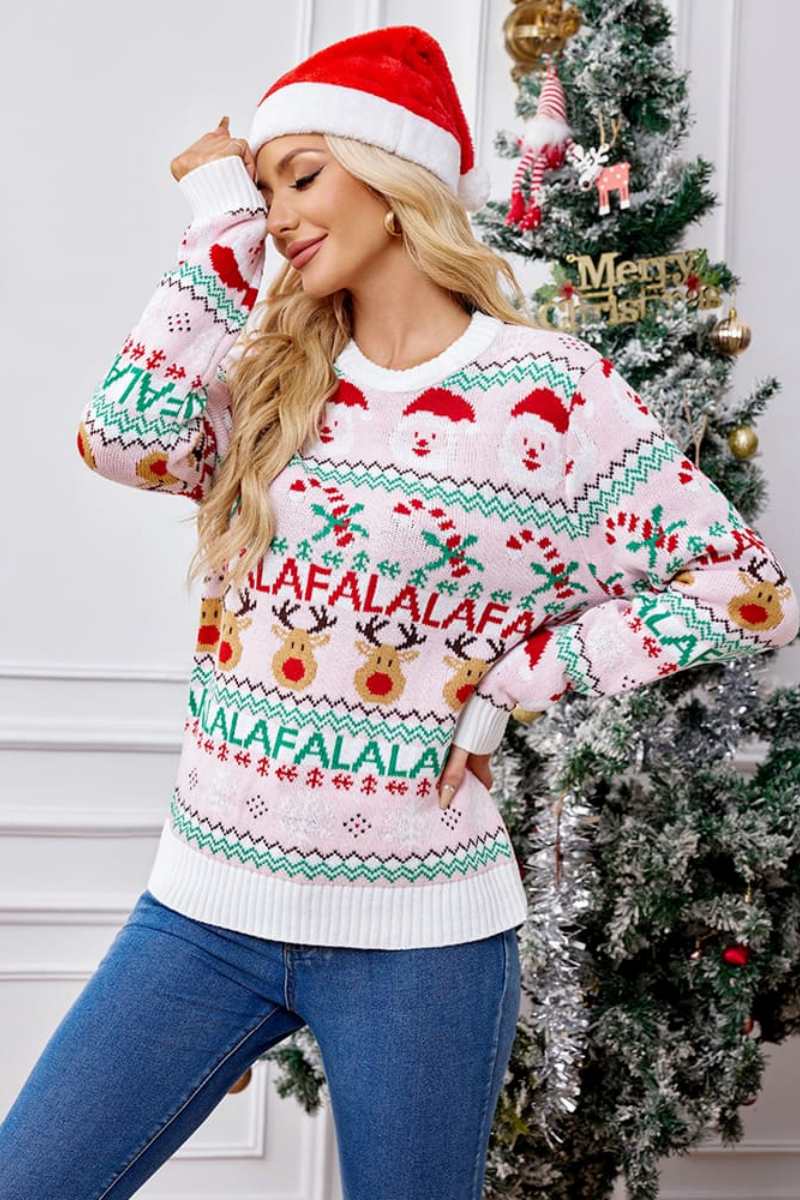 Pull ample en tricot à col rond et motif dessin animé de Noël – rose 