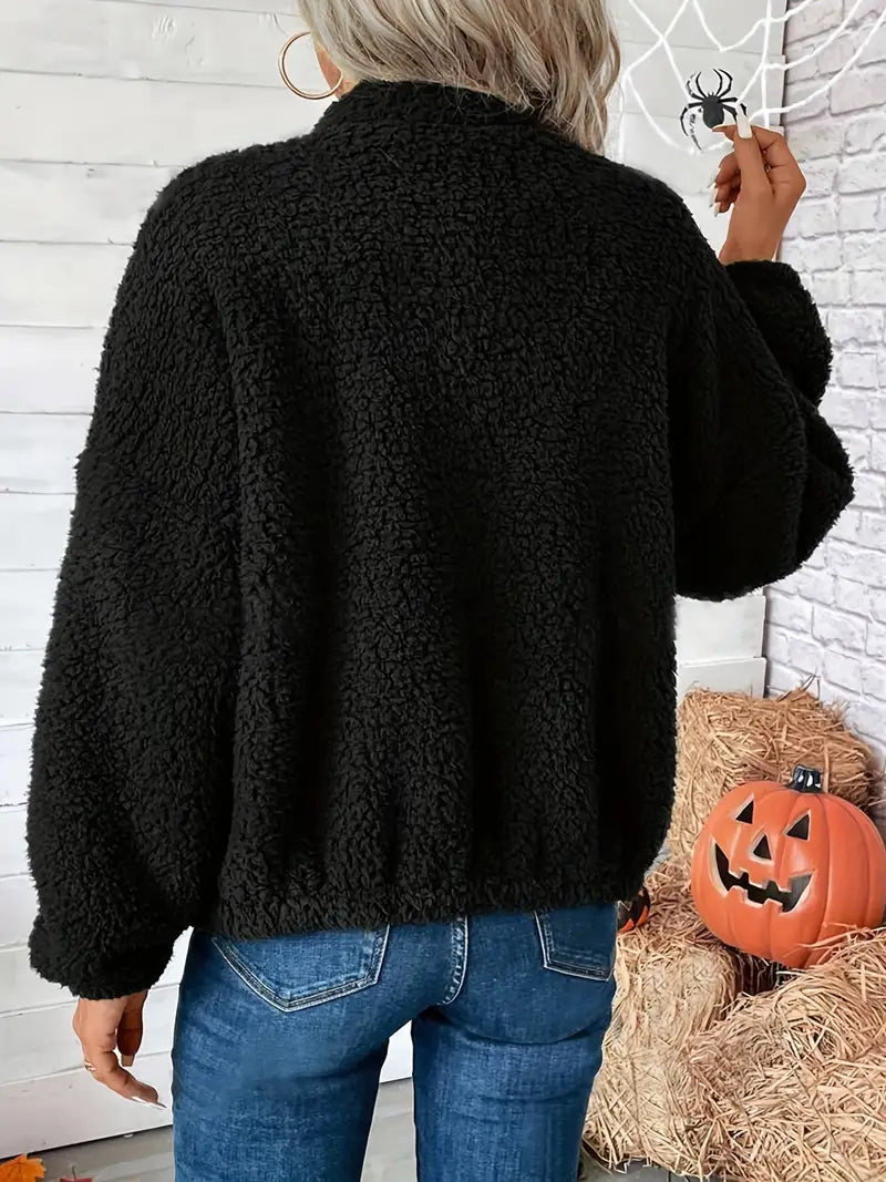 Yuthan | Manteau sherpa de couleur unie avec fermeture éclair, manteau décontracté à manches longues et épaules tombantes