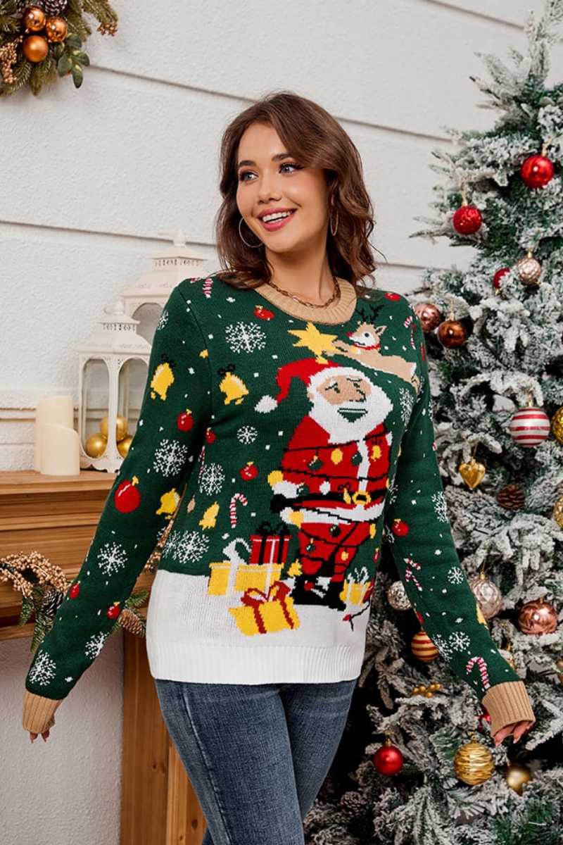 Pull col rond motif Père Noël, pull tricoté 