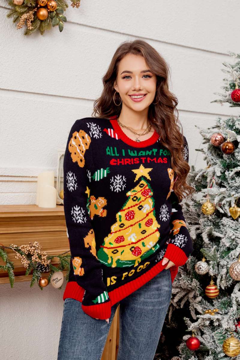 Pull décontracté brodé sapin de Noël à col rond 