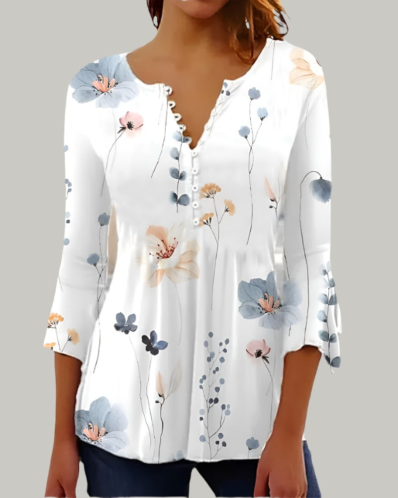 Bellachicha - Elegante Henley-Bluse mit Blumendruck | Schicke Bluse mit Henley-Ausschnitt und floralem Design