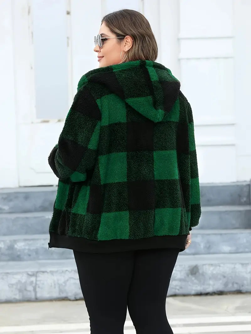 Yunia | Manteau à capuche à carreaux, vêtement d'extérieur décontracté à manches longues et poches zippées