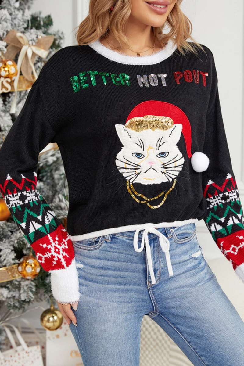 Pull décontracté à col rond avec broderie chat et paillettes 