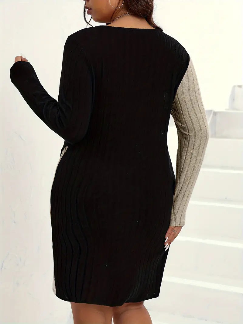 Colorblock Langärmeliges Kleid mit Wickelausschnitt Medium Stretch Kleid