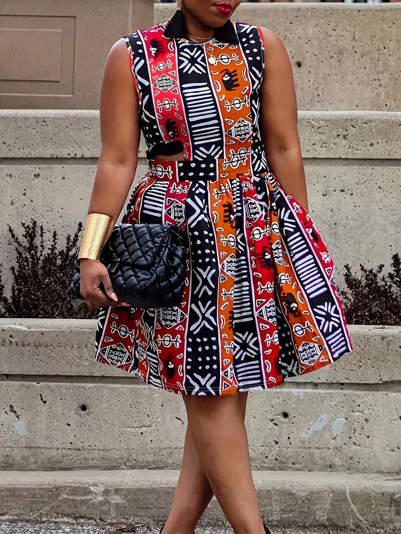 Geometrisch bedrucktes Tank-Kleid in Übergröße mit eingeschnürter Taille