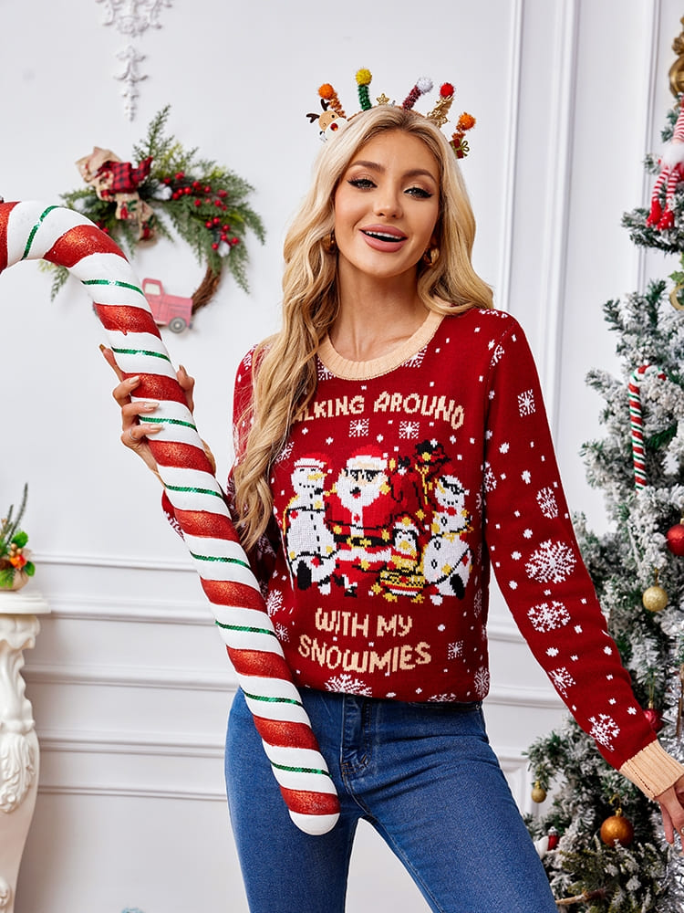 Pull décontracté à col rond brodé – Père Noël et pingouin 