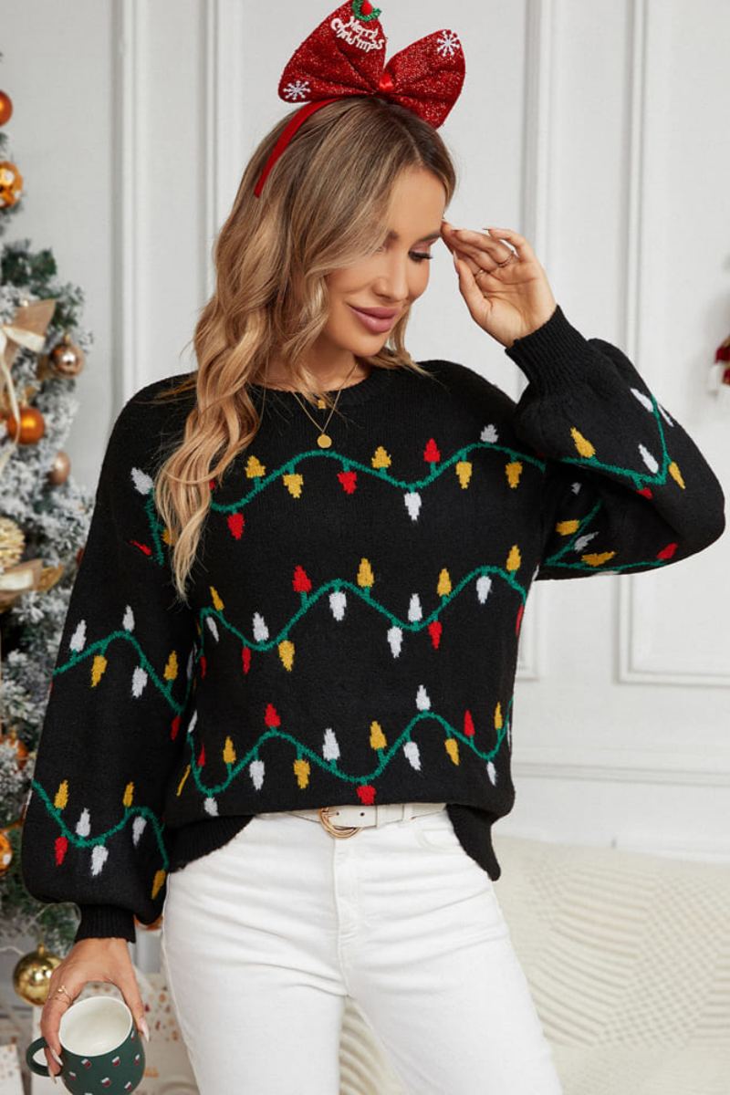 Pull décontracté en maille à col rond brodé – Cordon coloré 
