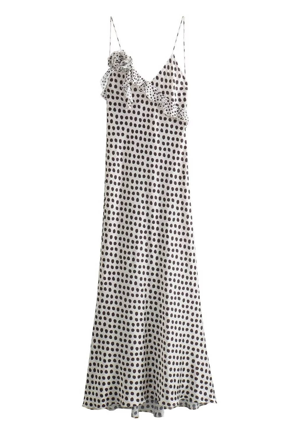 Fantasievolles, gepunktetes, gerüschtes Straps-Maxikleid aus Guipure-Spitze
