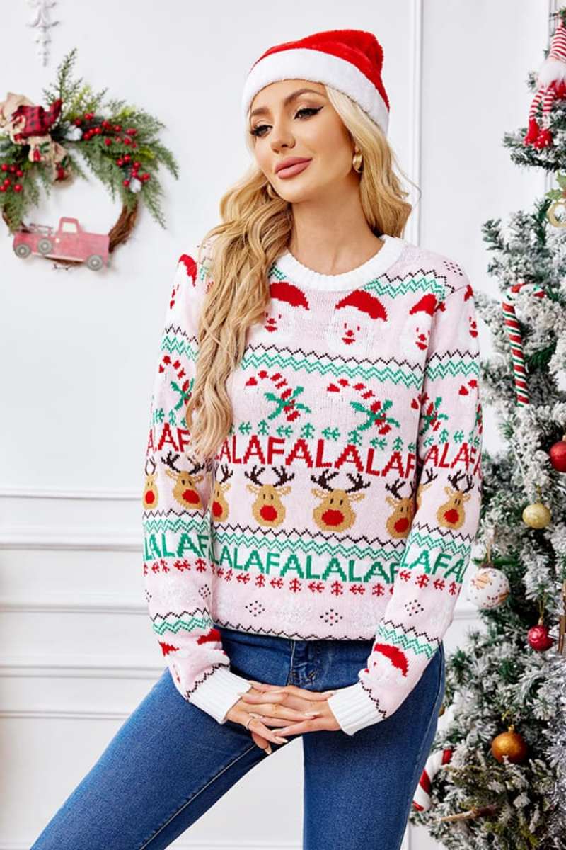 Pull ample en tricot à col rond et motif dessin animé de Noël – rose 