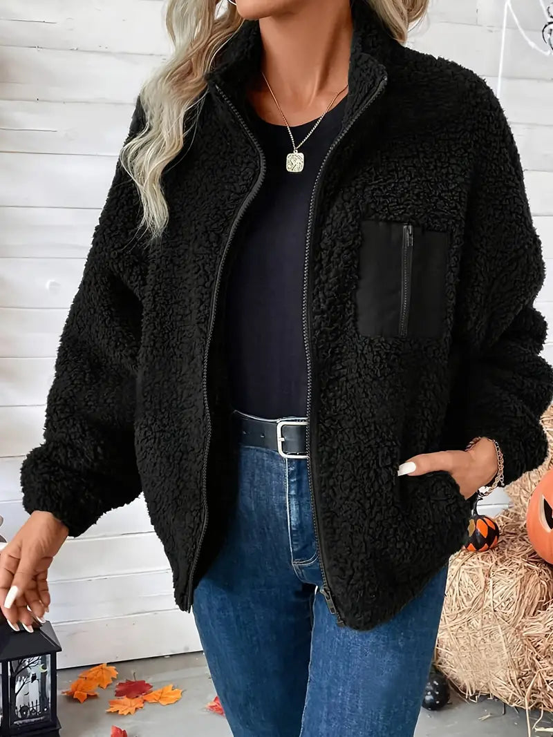 Yuthan | Manteau sherpa de couleur unie avec fermeture éclair, manteau décontracté à manches longues et épaules tombantes