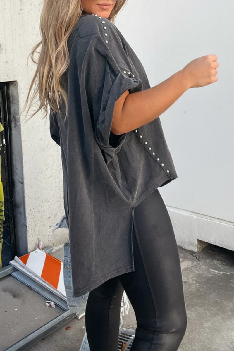 T-shirt oversize à manches retroussables et rivets