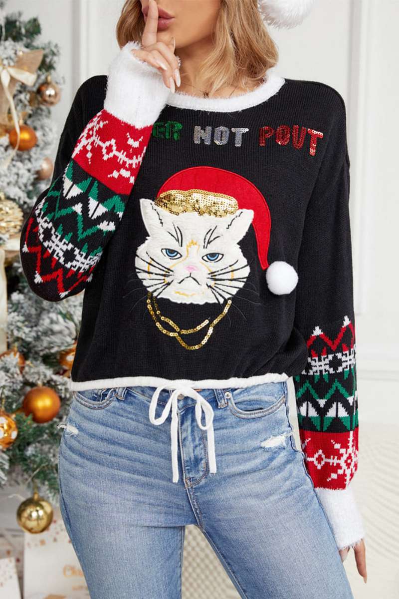Pull décontracté à col rond avec broderie chat et paillettes 