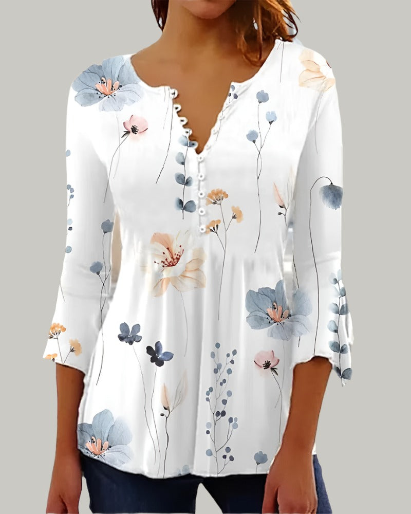 Bellachicha - Elegante Henley-Bluse mit Blumendruck | Schicke Bluse mit Henley-Ausschnitt und floralem Design