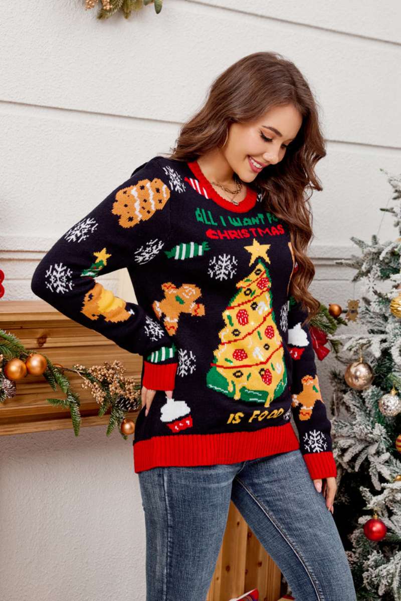 Pull décontracté brodé sapin de Noël à col rond 