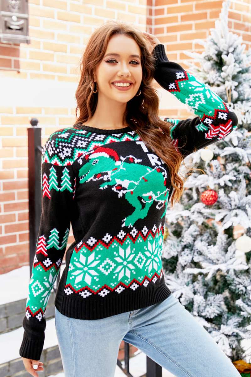 PULL DE NOËL EN TRICOT AVEC DINOSAURE 