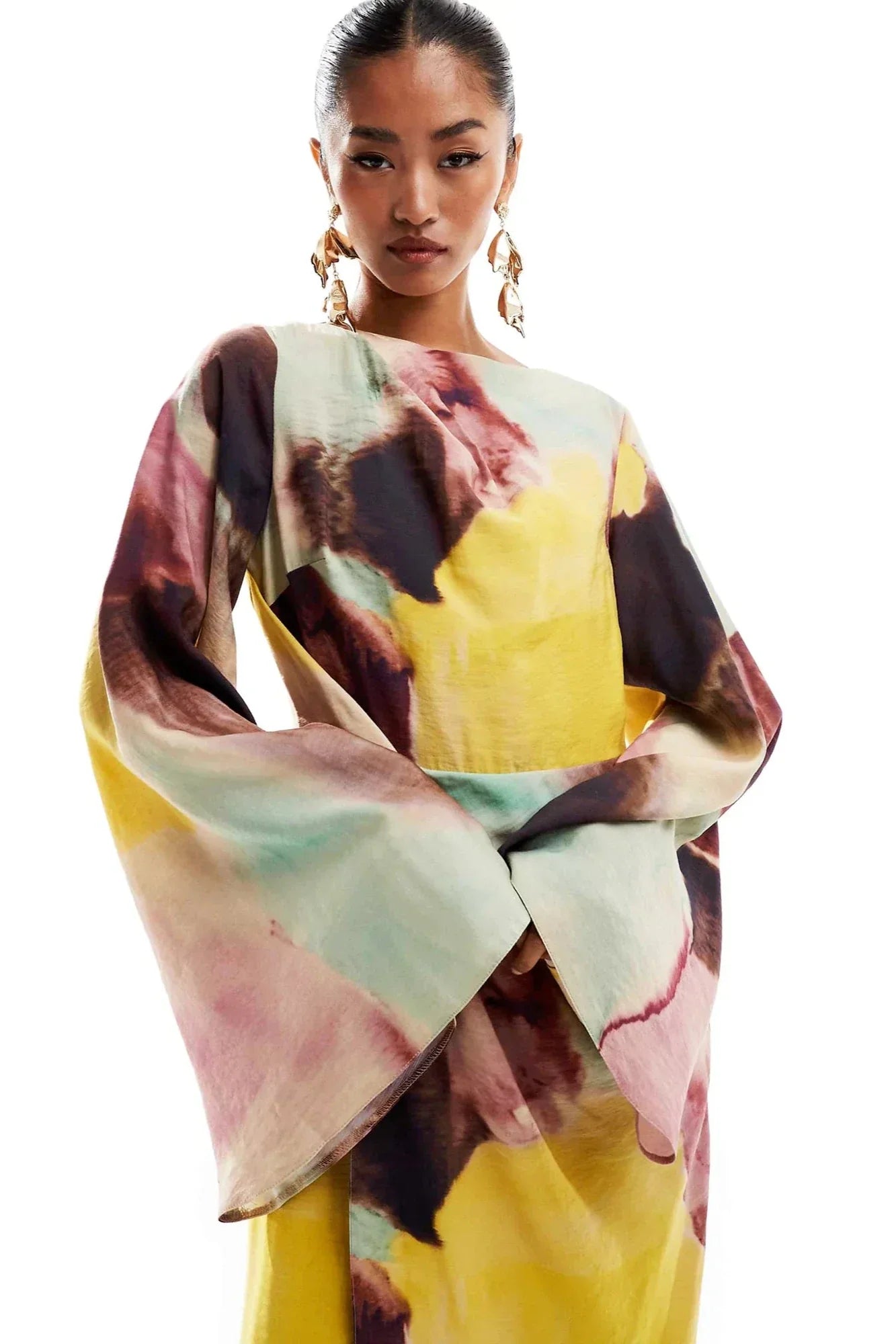 Ultralanges Kleid mit abstraktem Aquarell-Print