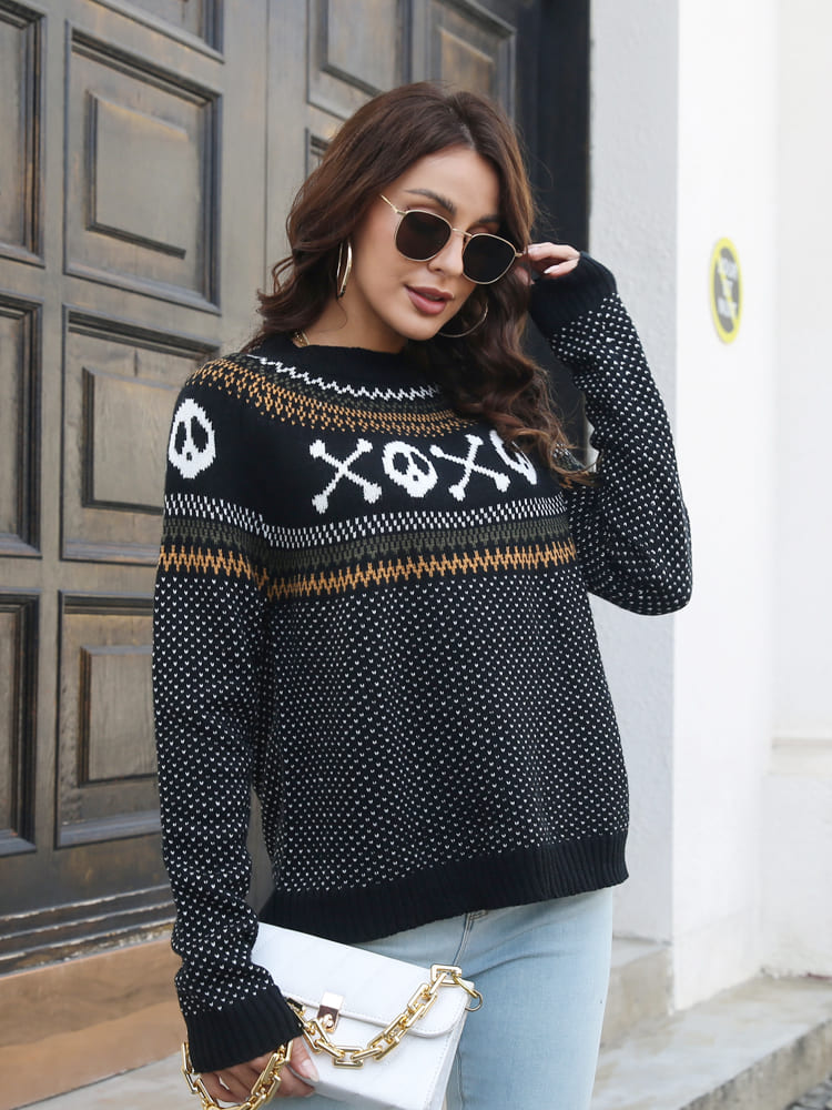 Pull tricoté à col rond et motif tête de mort rétro 