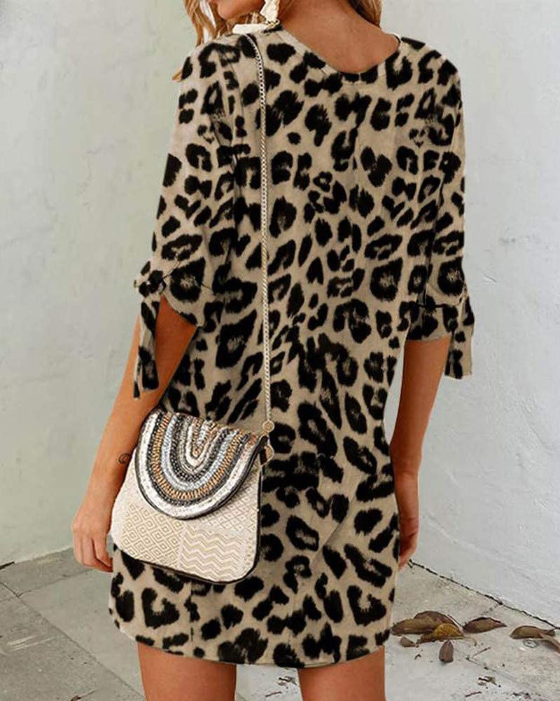 Vicki - Leopardendruck Rundhalsausschnitt Damen Kleid