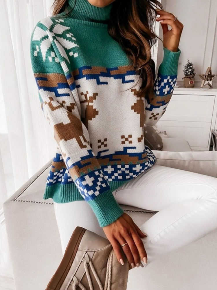 Pull tricoté avec motif renne et flocon de neige brodé 