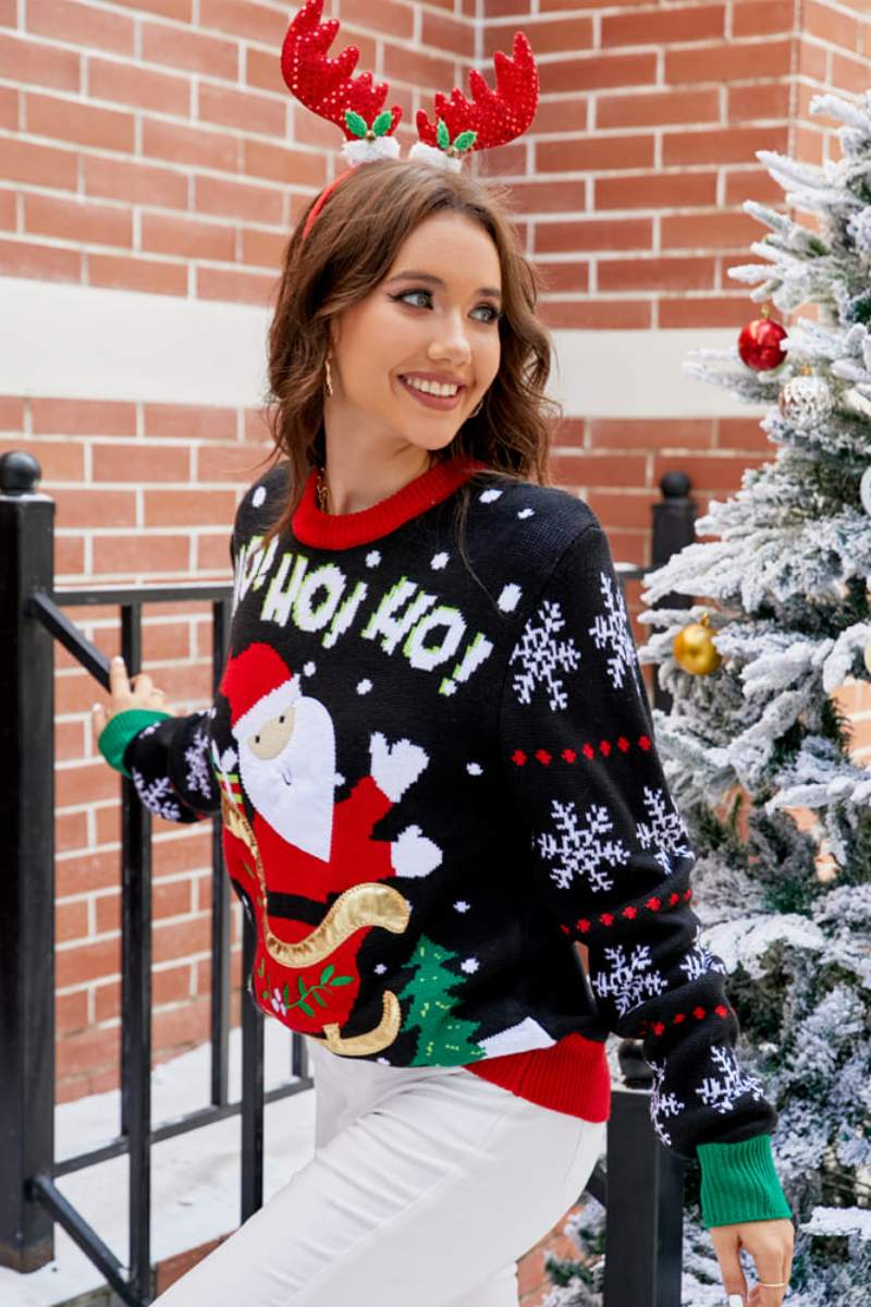 Pull décontracté à col rond avec broderie Père Noël 
