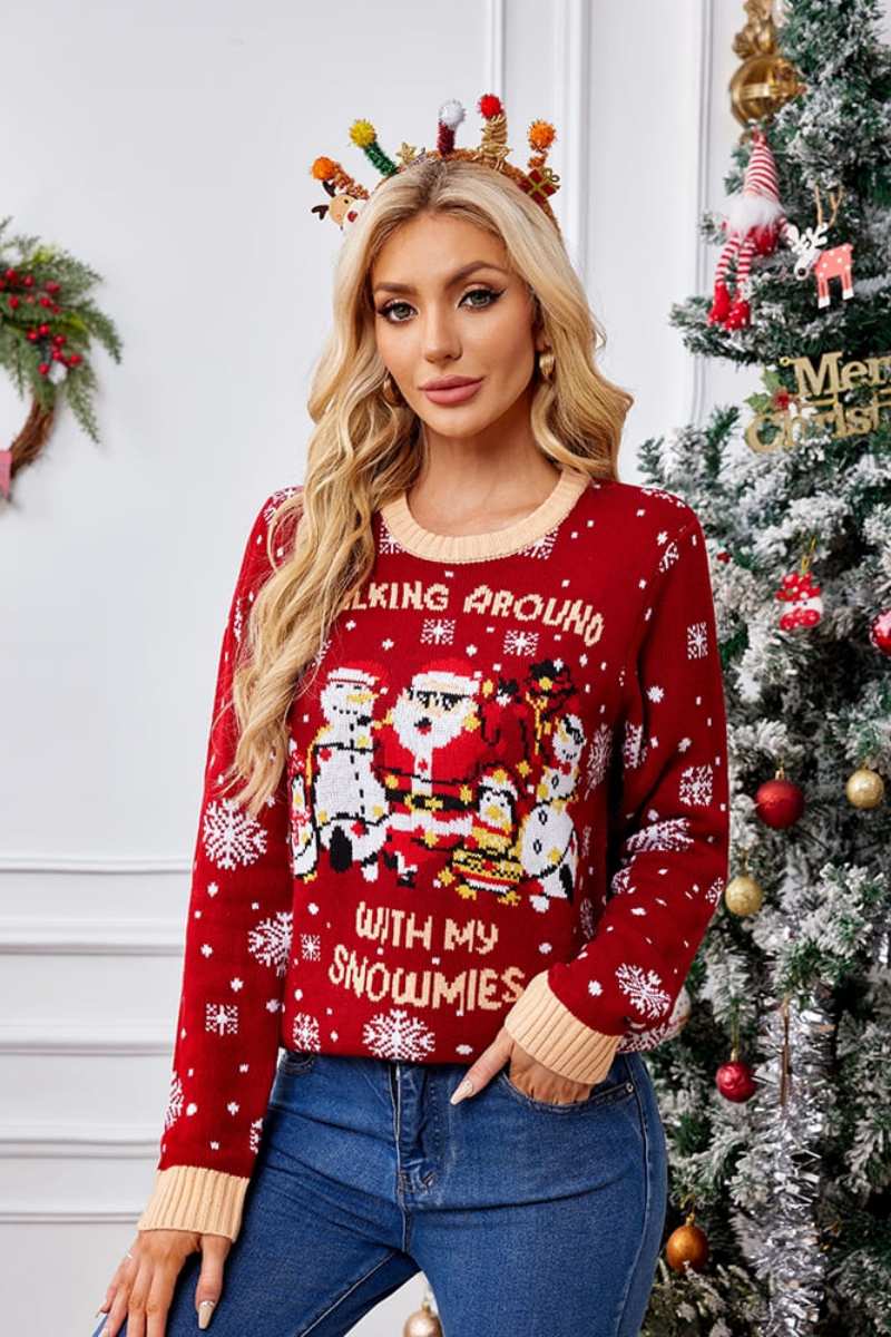 Pull décontracté à col rond brodé – Père Noël et pingouin 