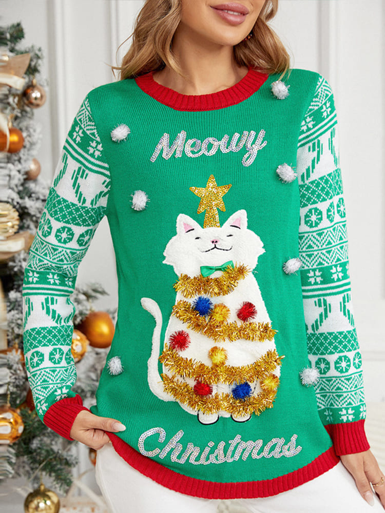 Pull de Noël à manches longues et col rond avec appliqué chat 