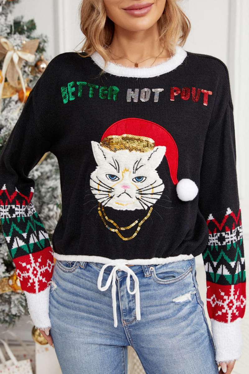 Pull décontracté à col rond avec broderie chat et paillettes 