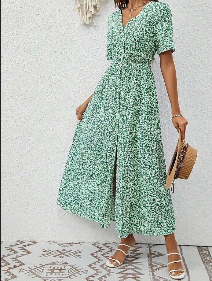 Lucile - Luftiges Maxikleid mit kurzen Ärmeln und V-Ausschnitt