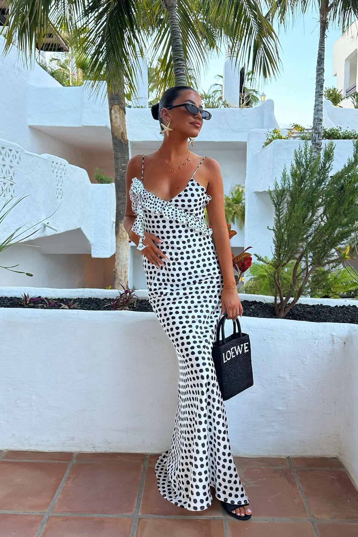 Fantasievolles, gepunktetes, gerüschtes Straps-Maxikleid aus Guipure-Spitze