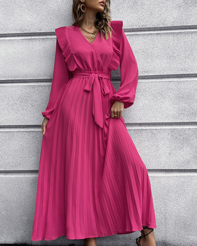Eunice - Robe longue élégante avec col en V plissé - polyvalente et élégante pour toutes les occasions
