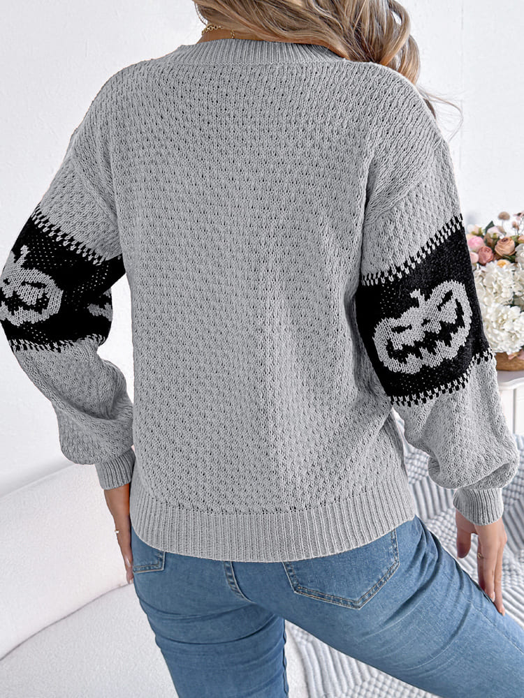 Pull en tricot à col rond et blocs de couleurs à tête de citrouille d'Halloween 