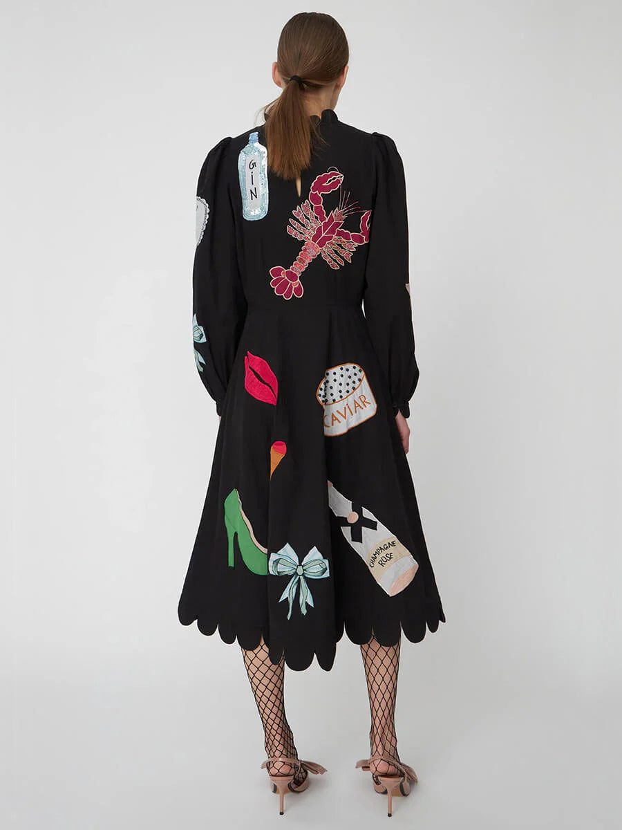 Robe mi-longue à bordure festonnée et graffitis homard