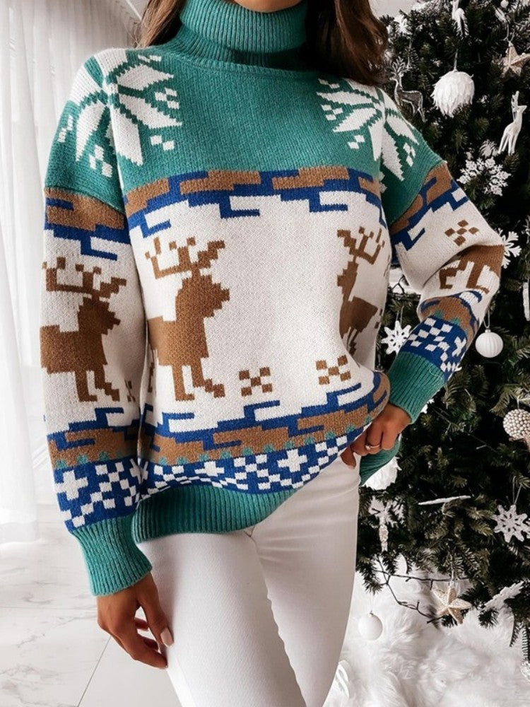 Pull tricoté avec motif renne et flocon de neige brodé 