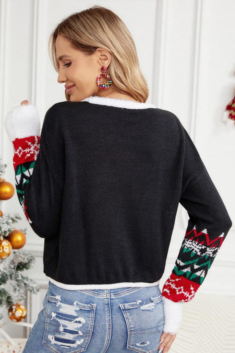 Pull décontracté à col rond avec broderie chat et paillettes 