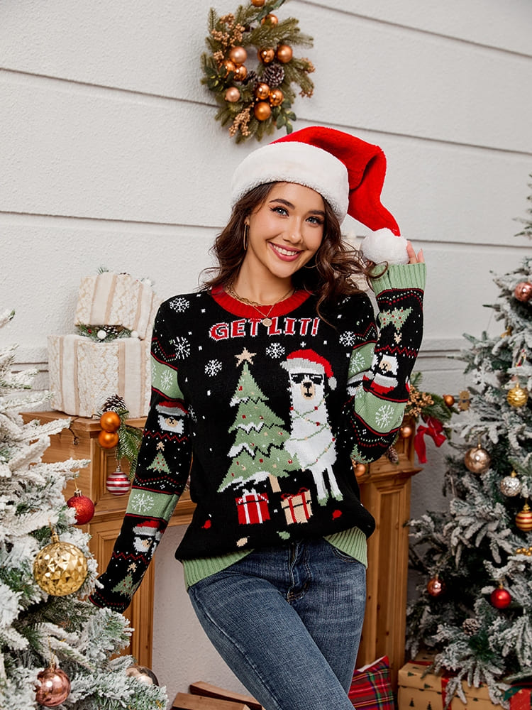 Pull col rond brodé en maille – alpaga et sapin de Noël 