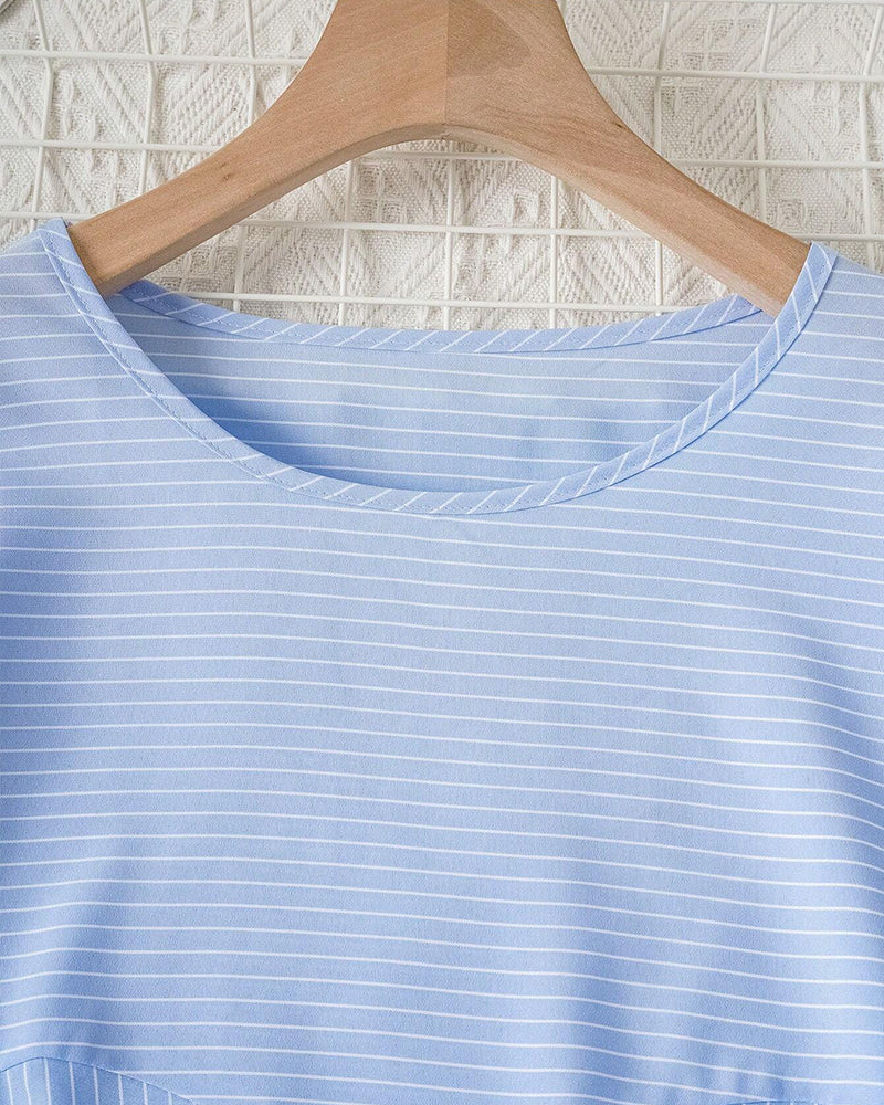 Bellachicha - Lässige, gestreifte Bluse mit lockerer Passform und Knopfleiste für Damen | Gestreifte Bluse mit Rundhalsausschnitt und halblangen Ärmeln
