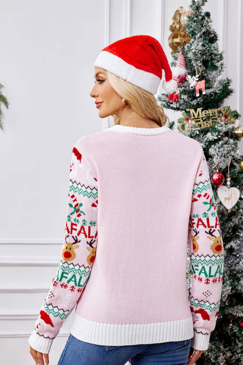 Pull ample en tricot à col rond et motif dessin animé de Noël – rose 