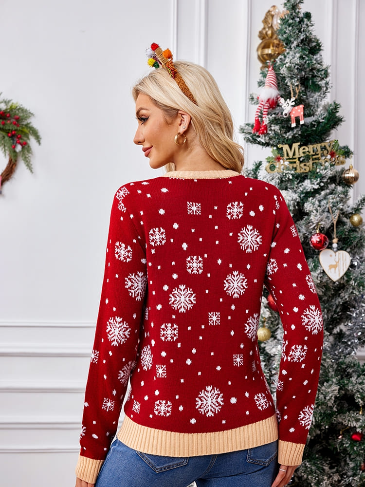 Pull décontracté à col rond brodé – Père Noël et pingouin 