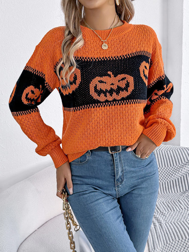 Pull en tricot à col rond et blocs de couleurs à tête de citrouille d'Halloween 