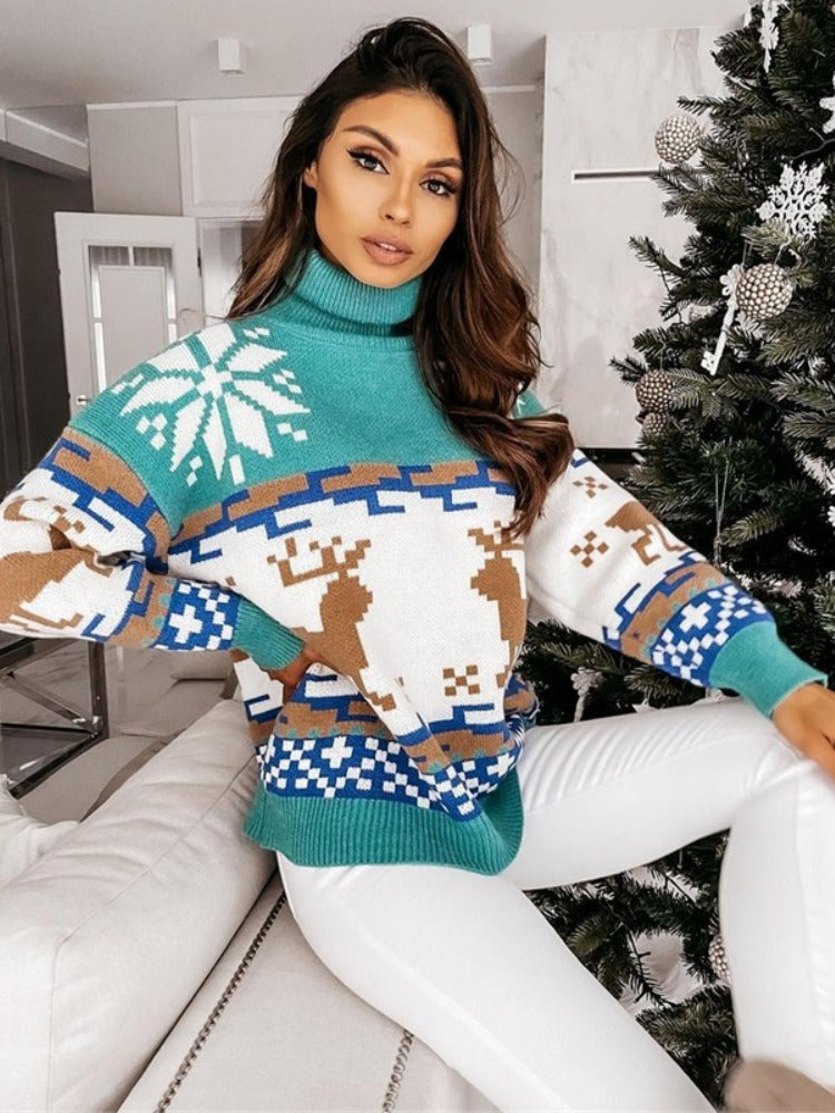 Pull tricoté avec motif renne et flocon de neige brodé 