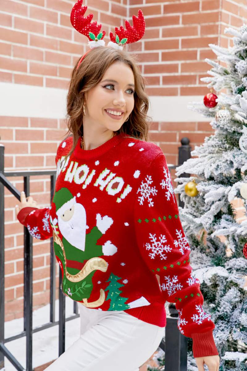 Pull décontracté à col rond avec broderie Père Noël 