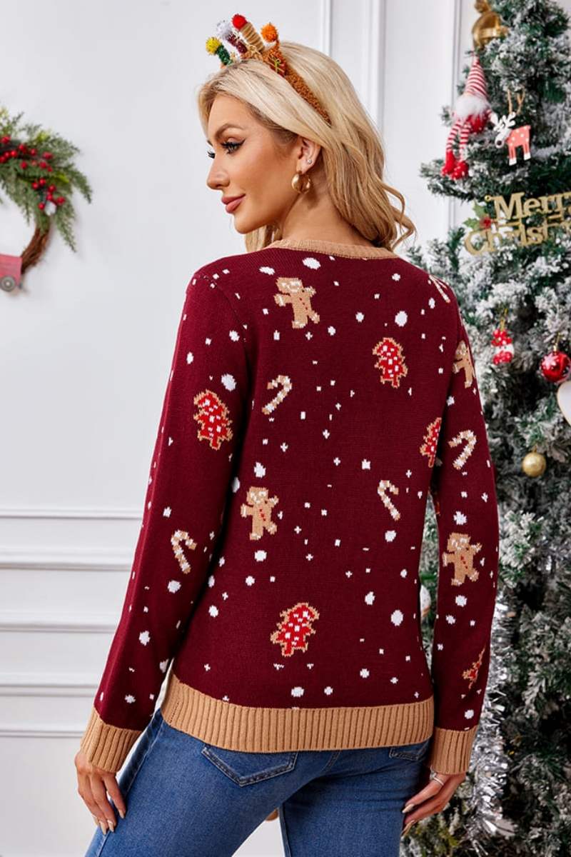 Pull ras du cou décontracté avec broderie – Bonhomme en pain d'épice 