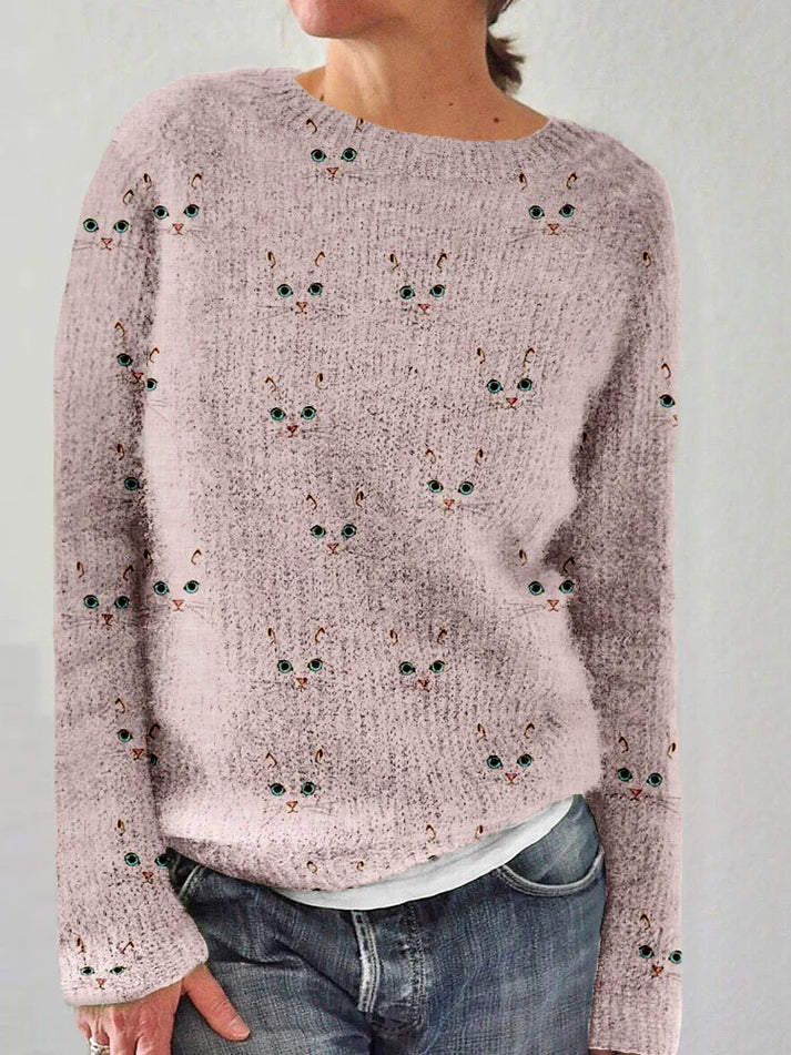Charlotte – pull col rond douillet avec un joli imprimé tête de chat