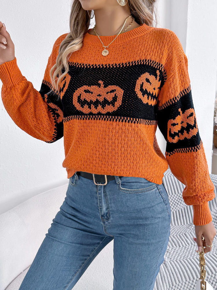 Pull en tricot à col rond et blocs de couleurs à tête de citrouille d'Halloween 