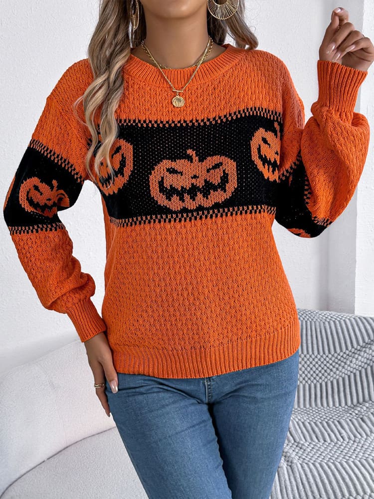 Pull en tricot à col rond et blocs de couleurs à tête de citrouille d'Halloween 