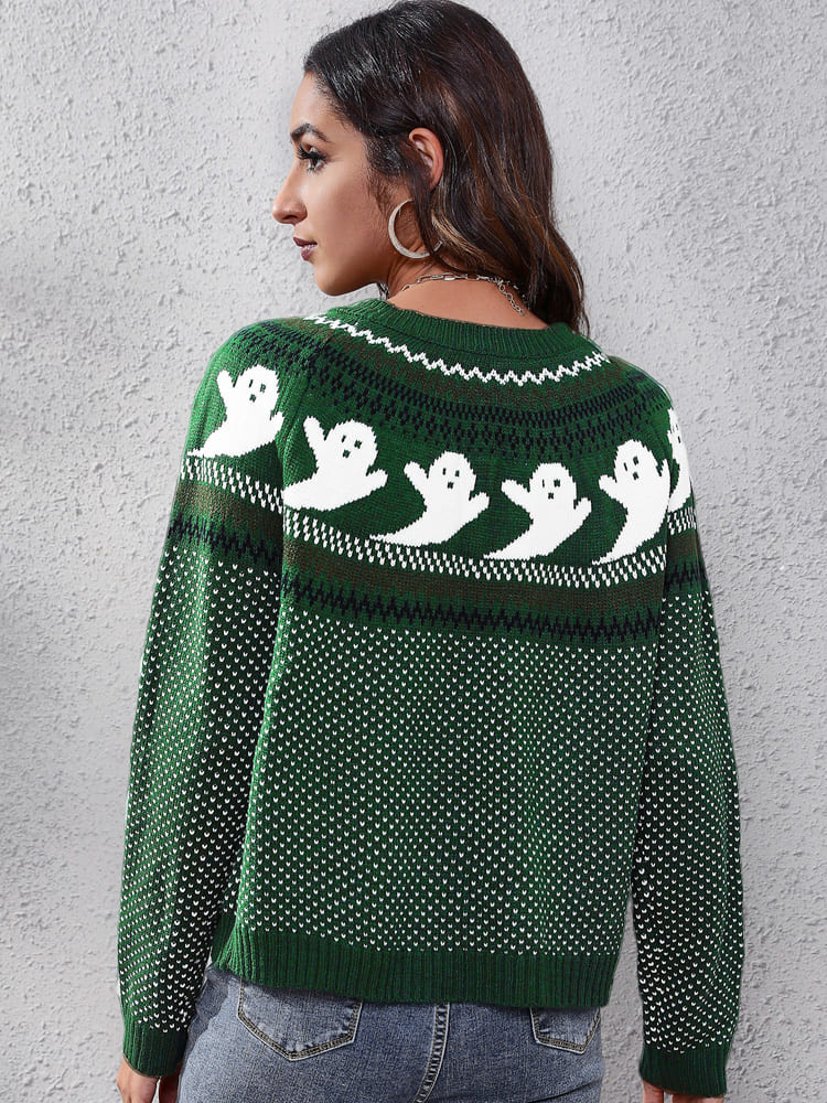 Pull col rond tricoté avec motif fantôme rétro littéraire 