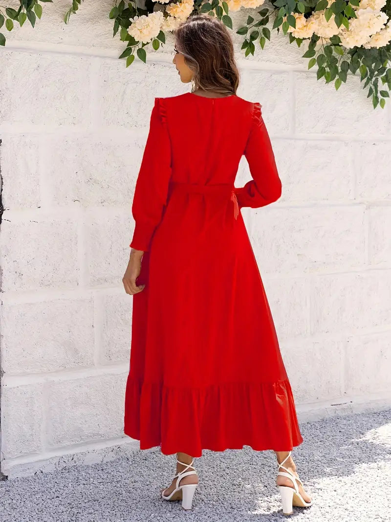 Alexandra - Damen Gürtel und Volantbesetztes Maxikleid