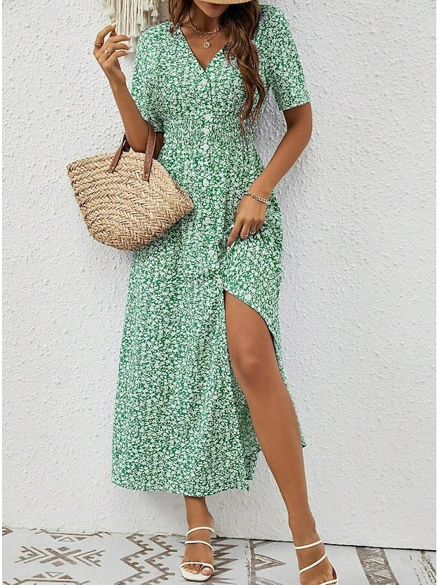 Lucile - Luftiges Maxikleid mit kurzen Ärmeln und V-Ausschnitt